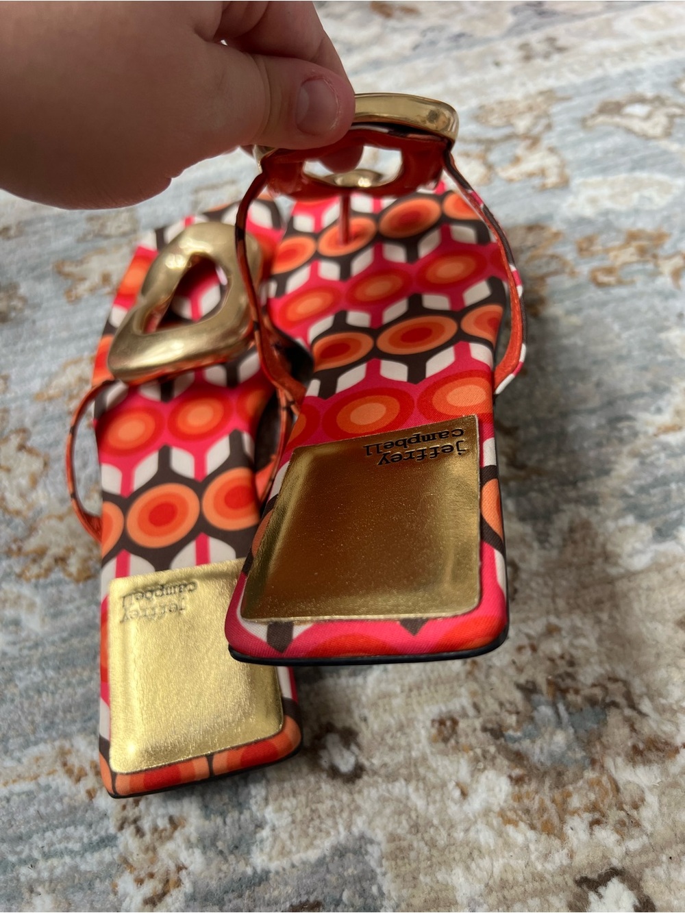 Jeffrey Campbell Red & Orange Geometric Slide Sandals with Gold Oval Accent - Picture 5 of 9